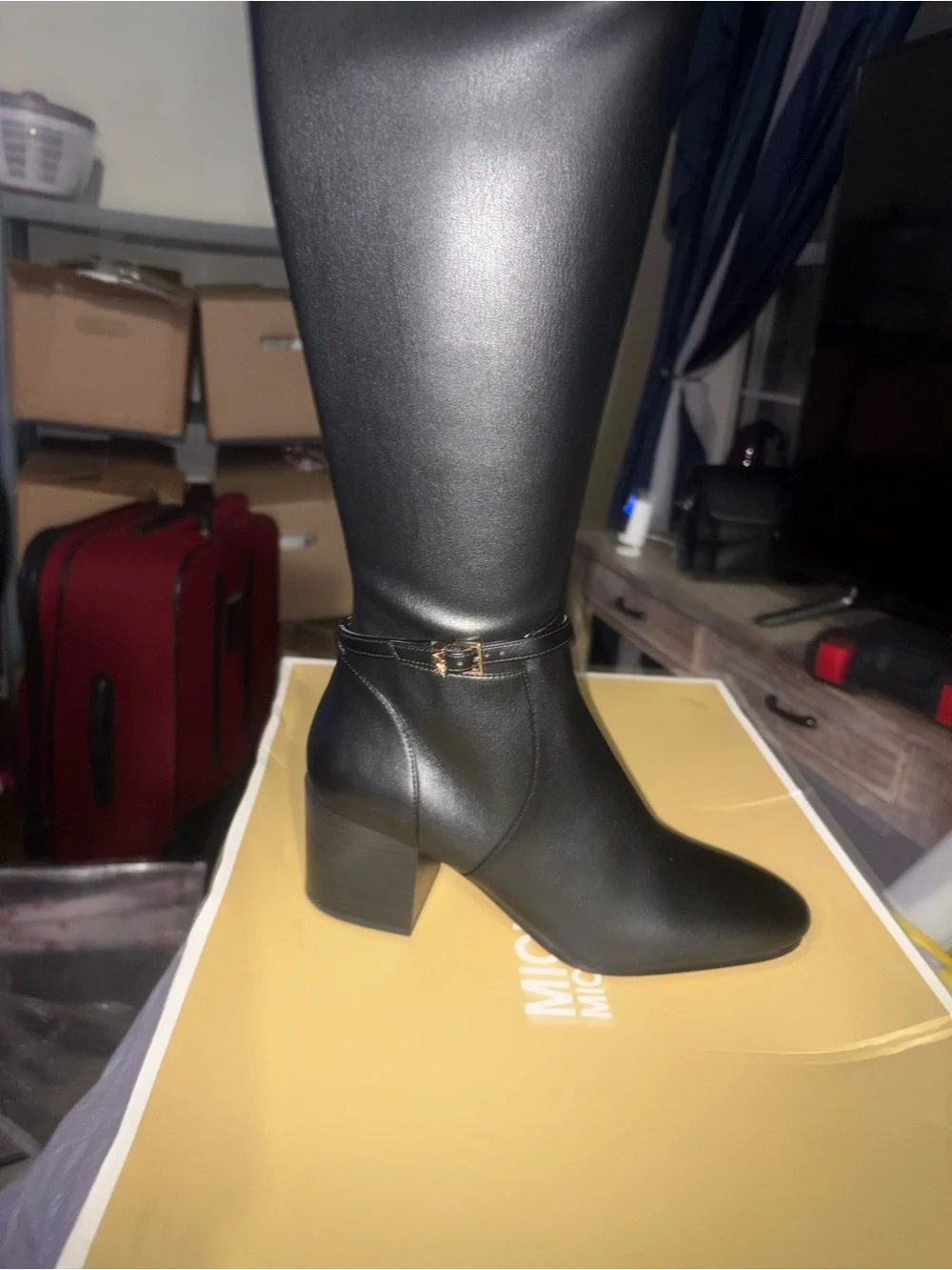 Michael Kors Black Knee-High Block Heel Boot with Ankle Strap